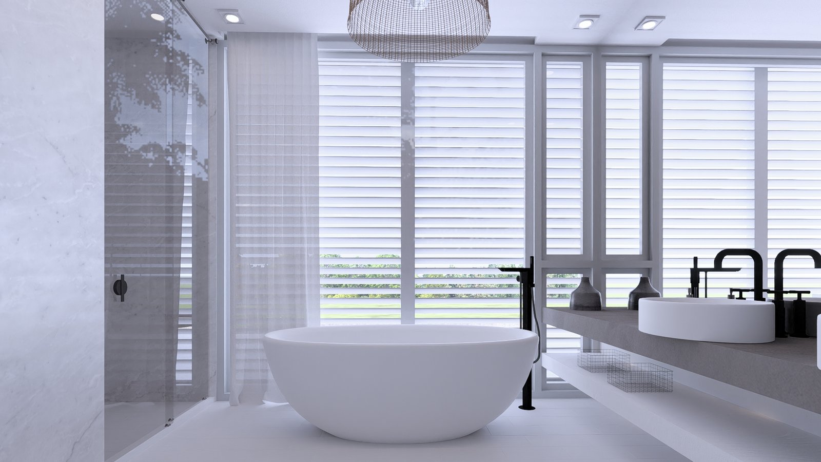Baño moderno minimalista con bañera exenta y grandes ventanales — proyecto Casa JC, por Hermann Arquitectos, en RP25